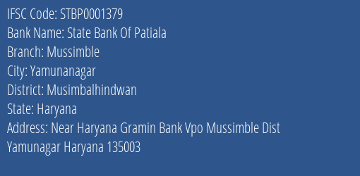 State Bank Of Patiala Mussimble Branch Musimbalhindwan IFSC Code STBP0001379