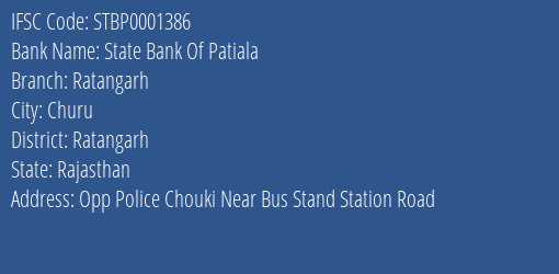 State Bank Of Patiala Ratangarh Branch Ratangarh IFSC Code STBP0001386