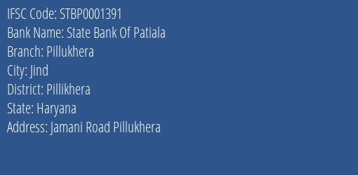 State Bank Of Patiala Pillukhera Branch Pillikhera IFSC Code STBP0001391