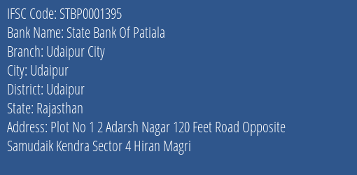 State Bank Of Patiala Udaipur City Branch, Branch Code 001395 & IFSC Code STBP0001395