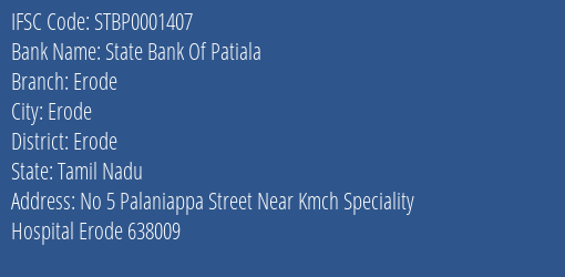 State Bank Of Patiala Erode Branch Erode IFSC Code STBP0001407