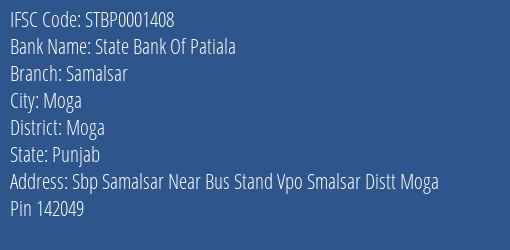 State Bank Of Patiala Samalsar Branch, Branch Code 001408 & IFSC Code STBP0001408