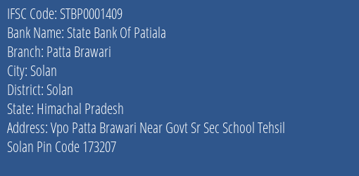 State Bank Of Patiala Patta Brawari Branch Solan IFSC Code STBP0001409