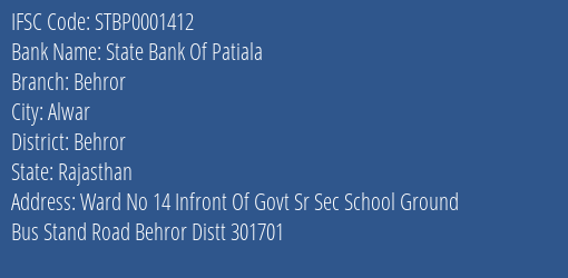 State Bank Of Patiala Behror Branch Behror IFSC Code STBP0001412