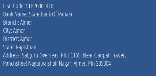 State Bank Of Patiala Ajmer Branch Ajmer IFSC Code STBP0001416