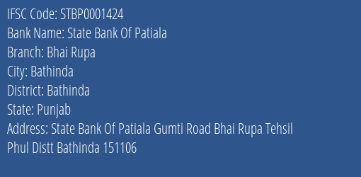 State Bank Of Patiala Bhai Rupa Branch Bathinda IFSC Code STBP0001424