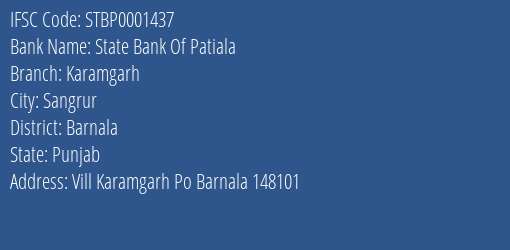 State Bank Of Patiala Karamgarh Branch, Branch Code 001437 & IFSC Code STBP0001437