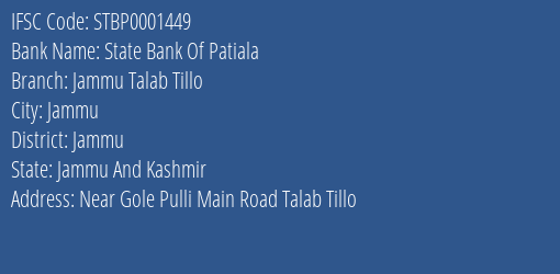 State Bank Of Patiala Jammu Talab Tillo Branch Jammu IFSC Code STBP0001449
