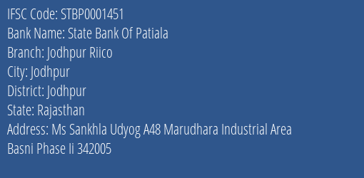 State Bank Of Patiala Jodhpur Riico Branch Jodhpur IFSC Code STBP0001451