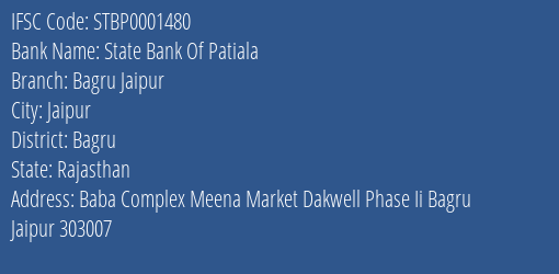 State Bank Of Patiala Bagru Jaipur Branch Bagru IFSC Code STBP0001480