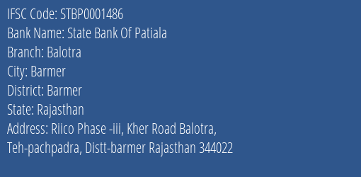 State Bank Of Patiala Balotra Branch, Branch Code 001486 & IFSC Code STBP0001486