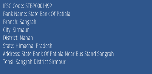 State Bank Of Patiala Sangrah Branch Nahan IFSC Code STBP0001492