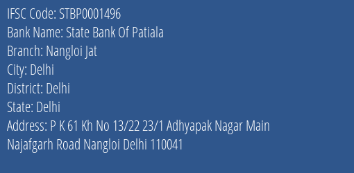 State Bank Of Patiala Nangloi Jat Branch Delhi IFSC Code STBP0001496