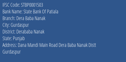 State Bank Of Patiala Dera Baba Nanak Branch Derababa Nanak IFSC Code STBP0001503