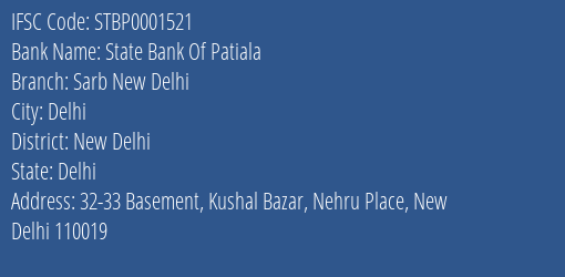 State Bank Of Patiala Sarb New Delhi Branch, Branch Code 001521 & IFSC Code STBP0001521