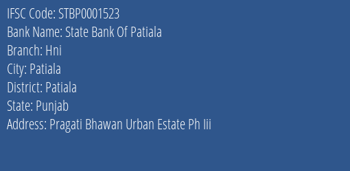 State Bank Of Patiala Hni Branch, Branch Code 001523 & IFSC Code STBP0001523