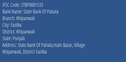 State Bank Of Patiala Khipanwali Branch, Branch Code 001533 & IFSC Code STBP0001533