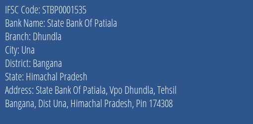 State Bank Of Patiala Dhundla Branch, Branch Code 001535 & IFSC Code STBP0001535