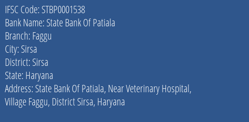 State Bank Of Patiala Faggu Branch, Branch Code 001538 & IFSC Code STBP0001538
