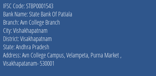 State Bank Of Patiala Avn College Branch Branch Visakhapatnam IFSC Code STBP0001543