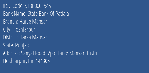 State Bank Of Patiala Harse Mansar Branch IFSC Code