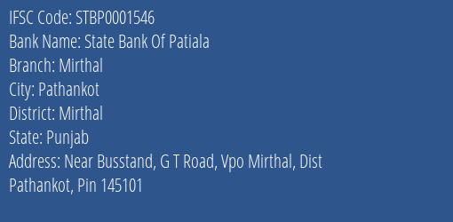 State Bank Of Patiala Mirthal Branch, Branch Code 001546 & IFSC Code STBP0001546