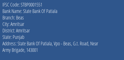 State Bank Of Patiala Beas Branch, Branch Code 001551 & IFSC Code STBP0001551