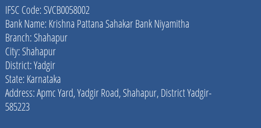 Krishna Pattana Sahakar Bank Niyamitha Shahapur Branch, Branch Code 058002 & IFSC Code SVCB0058002