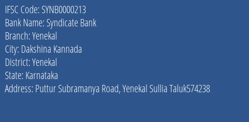 Syndicate Bank Yenekal Branch Yenekal IFSC Code SYNB0000213