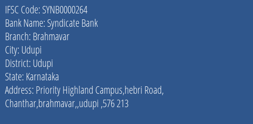Syndicate Bank Brahmavar Branch Udupi IFSC Code SYNB0000264