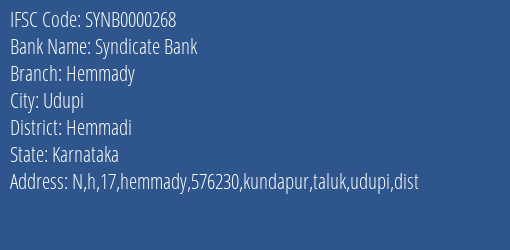 Syndicate Bank Hemmady Branch Hemmadi IFSC Code SYNB0000268