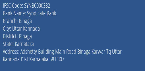 Syndicate Bank Binaga Branch Binaga IFSC Code SYNB0000332