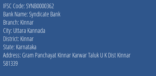 Syndicate Bank Kinnar Branch Kinnar IFSC Code SYNB0000362