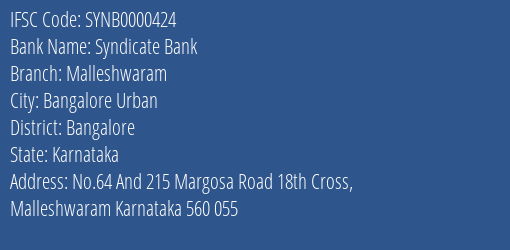 Syndicate Bank Malleshwaram Branch Bangalore IFSC Code SYNB0000424