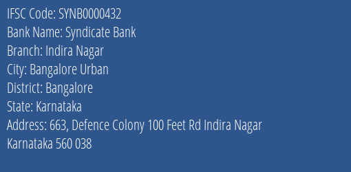 Syndicate Bank Indira Nagar Branch Bangalore IFSC Code SYNB0000432
