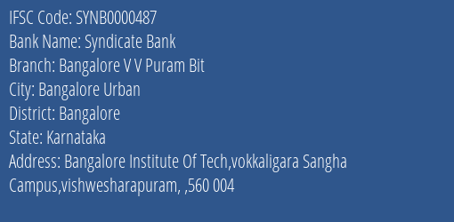 Syndicate Bank Bangalore V V Puram Bit Branch Bangalore IFSC Code SYNB0000487
