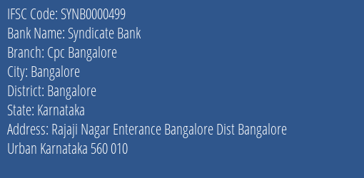 Syndicate Bank Cpc Bangalore Branch Bangalore IFSC Code SYNB0000499