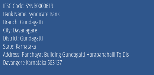 Syndicate Bank Gundagatti Branch Gundagatti IFSC Code SYNB0000619
