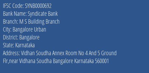 Syndicate Bank M S Building Branch Branch Bangalore IFSC Code SYNB0000692