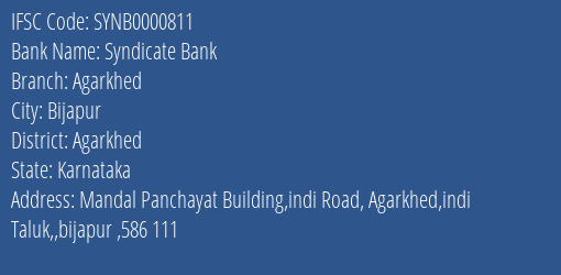 Syndicate Bank Agarkhed Branch Agarkhed IFSC Code SYNB0000811