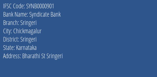 Syndicate Bank Sringeri Branch Sringeri IFSC Code SYNB0000901