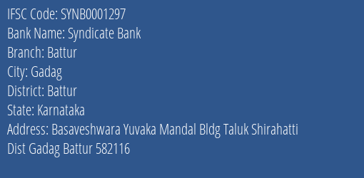 Syndicate Bank Battur Branch Battur IFSC Code SYNB0001297