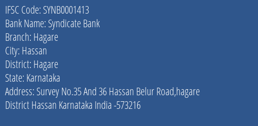 Syndicate Bank Hagare Branch Hagare IFSC Code SYNB0001413