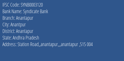 Syndicate Bank Anantapur Branch, Branch Code 003120 & IFSC Code SYNB0003120