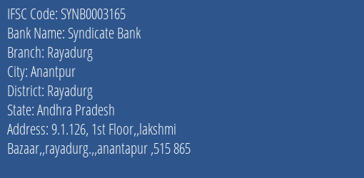 Syndicate Bank Rayadurg Branch Rayadurg IFSC Code SYNB0003165