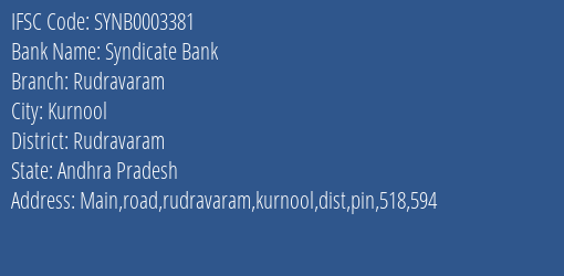 Syndicate Bank Rudravaram Branch Rudravaram IFSC Code SYNB0003381
