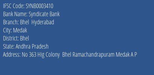 Syndicate Bank Bhel Hyderabad Branch Bhel IFSC Code SYNB0003410