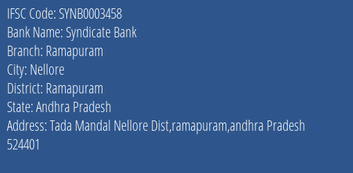 Syndicate Bank Ramapuram Branch Ramapuram IFSC Code SYNB0003458