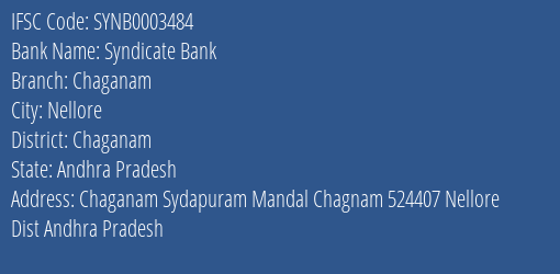 Syndicate Bank Chaganam Branch Chaganam IFSC Code SYNB0003484