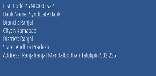 Syndicate Bank Ranjal Branch Ranjal IFSC Code SYNB0003522